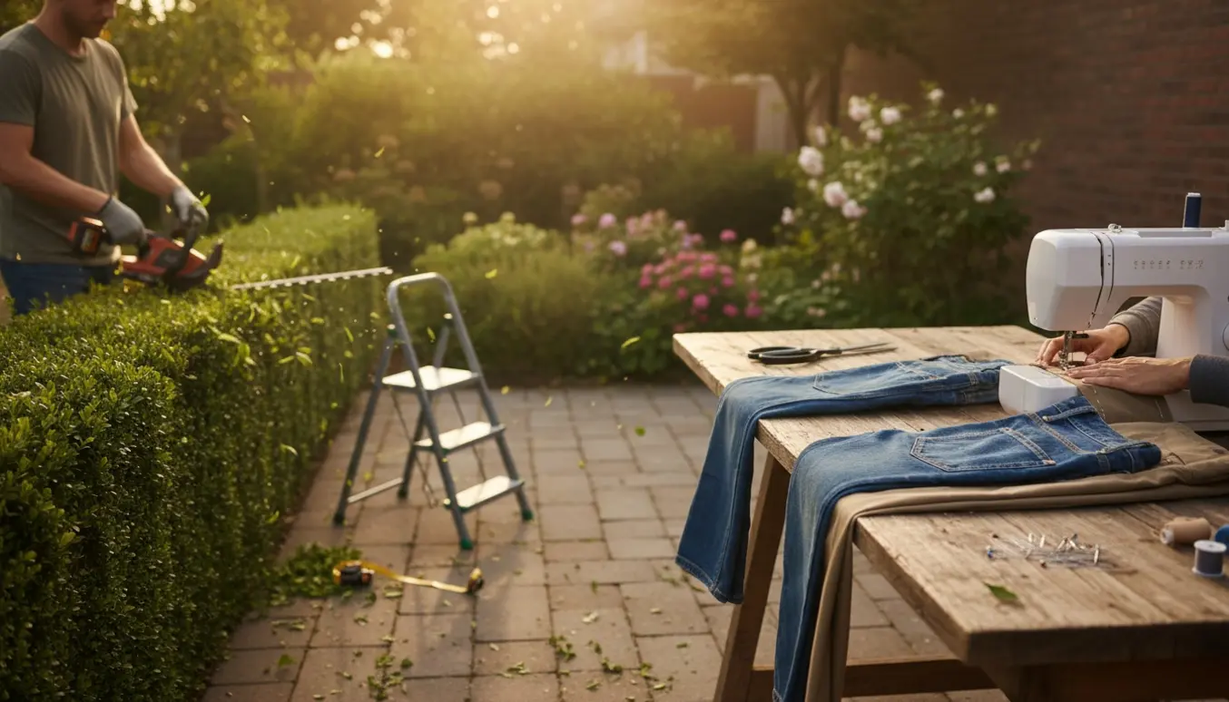 En udendørs scene med en person, der trimmer en hæk, mens to bukser ligger klar til oplægning på et bord.