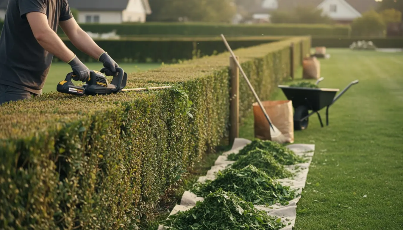 Person trimmer en hæk ca. 180 cm høj og samler afklip i bunker langs hækkens kant.