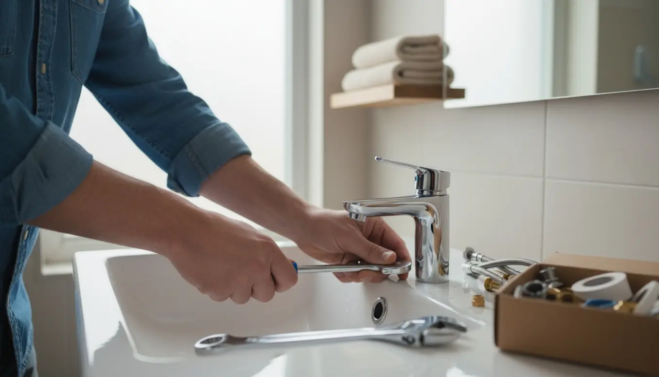 En person udskifter badeværelsesarmaturet ved vasken med værktøj og nye dele på et lyst badeværelse.