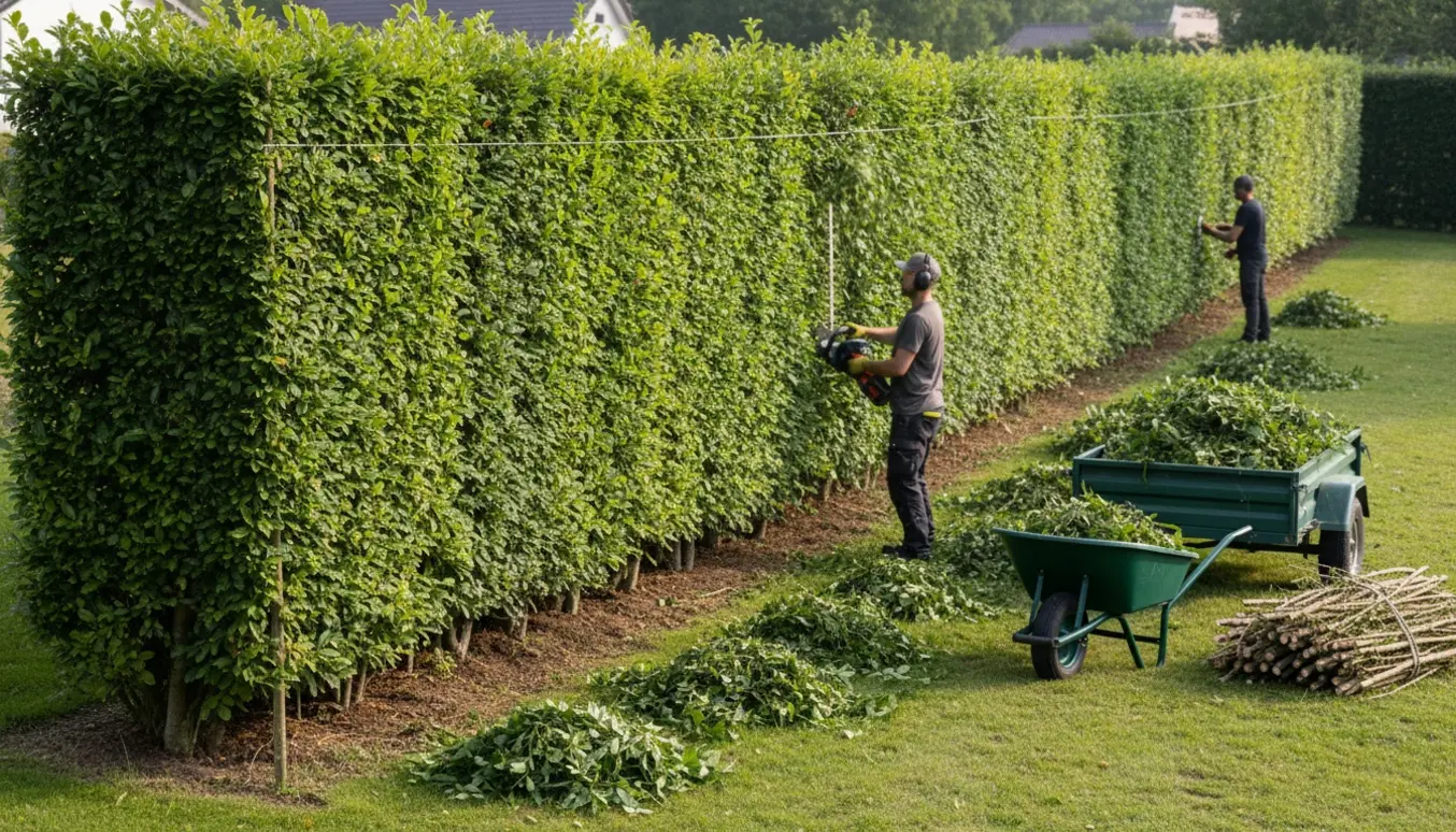 En hæk på en skrånende grund bliver klippet og afklip samlet i en trillebør og trailer.