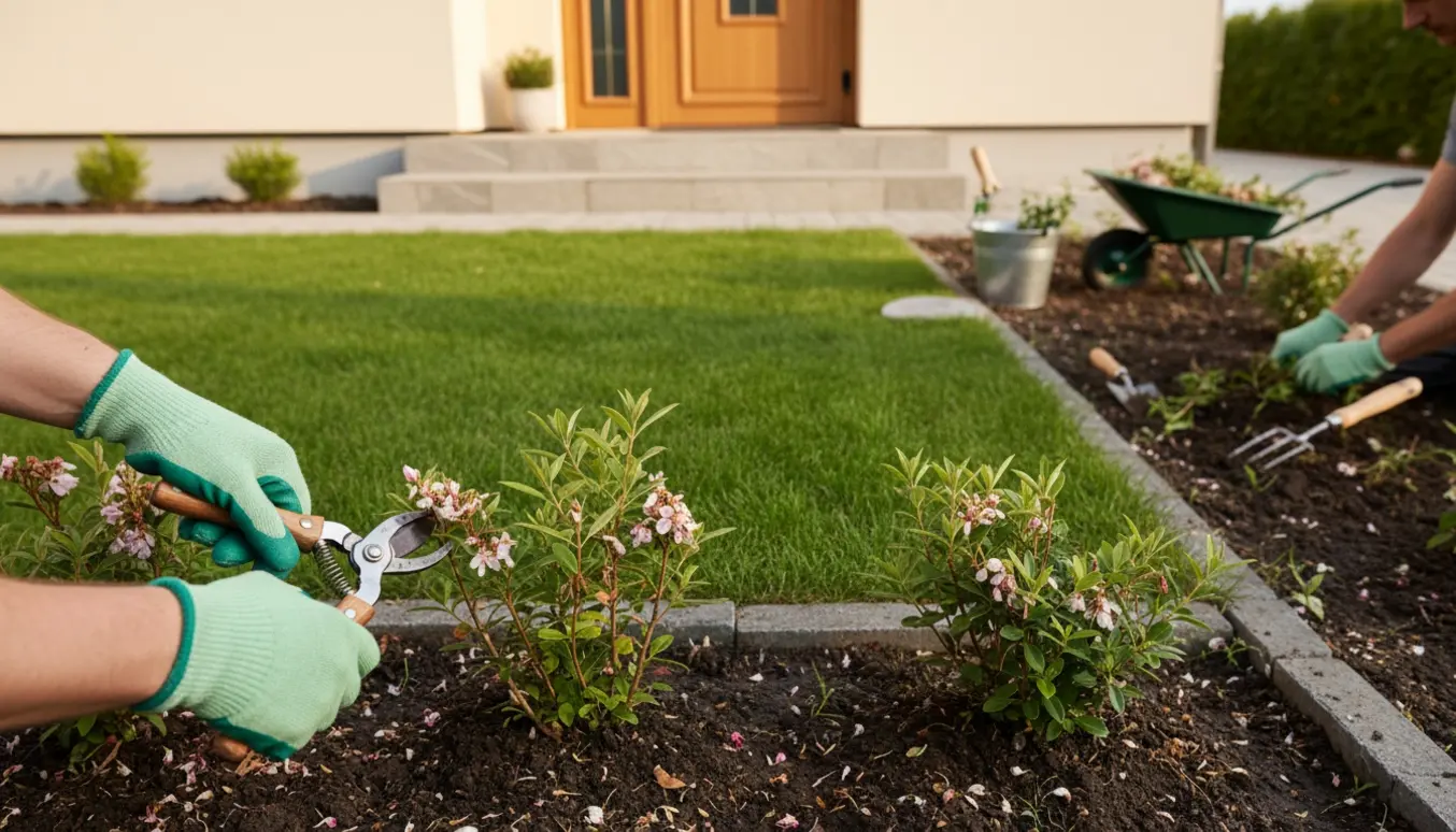 Havearbejde ved husets indgang med beskæring af buske, kantskæring af græs og lugning af bed.