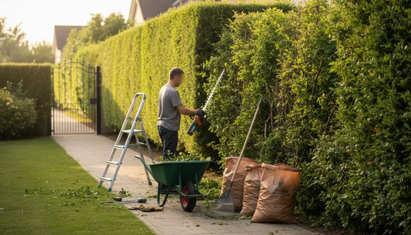 Gartner klipper en hæk langs en havesti, og friske afklip samles i en trillebør.