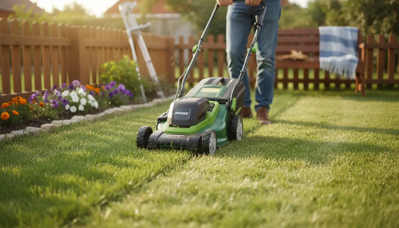 En person slår lidt langt græs i en simpel have med en batteridrevet plæneklipper.
