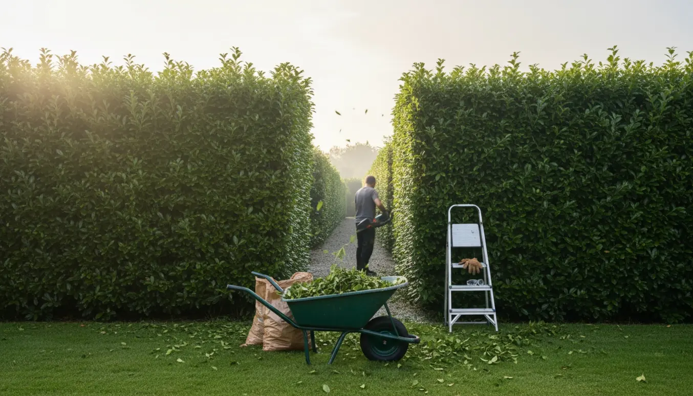 Person set bagfra klipper en lang hæk i to 10-meter sektioner med trillebør og poser til afklip i haven.