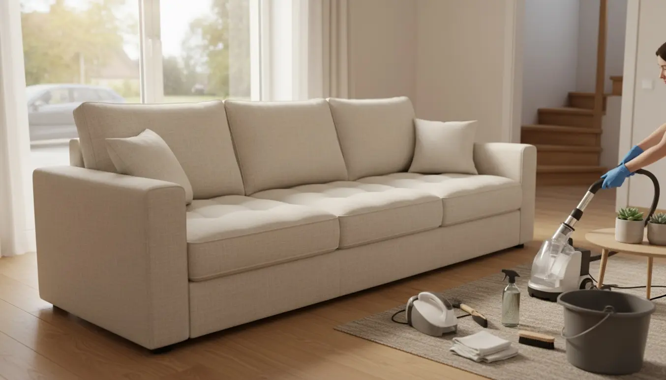 Stor fempersoners sofa uden puder renses i en lys lejlighed med rengøringsudstyr.