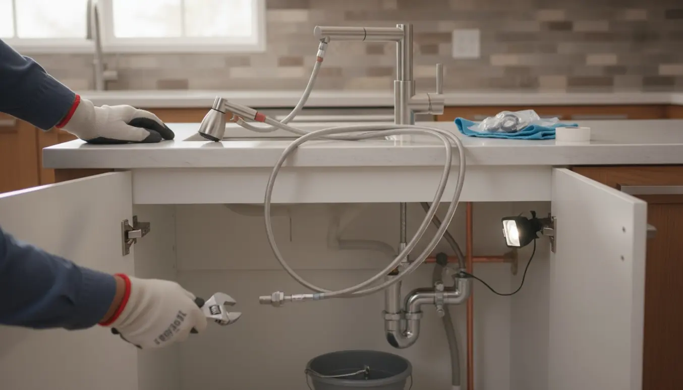 Nærbillede af udskiftning af et rustfrit køkkenarmatur med fleksible slanger og værktøj i et åbent underskab.