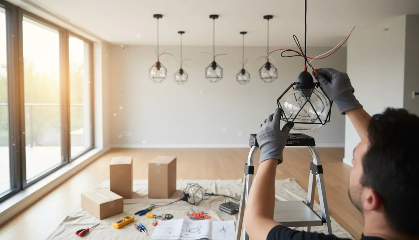 Hænder monterer den syvende loftlampe fra en stige, med seks allerede monterede lamper og værktøj på gulvet.