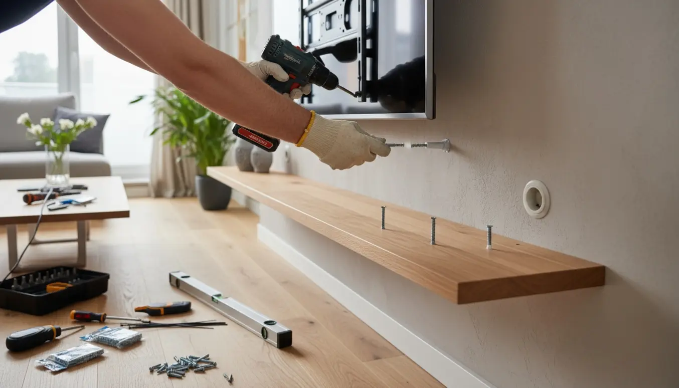 Montage af TV og flydende TV-reol på stuevæg med værktøj og rawlugs synlige.