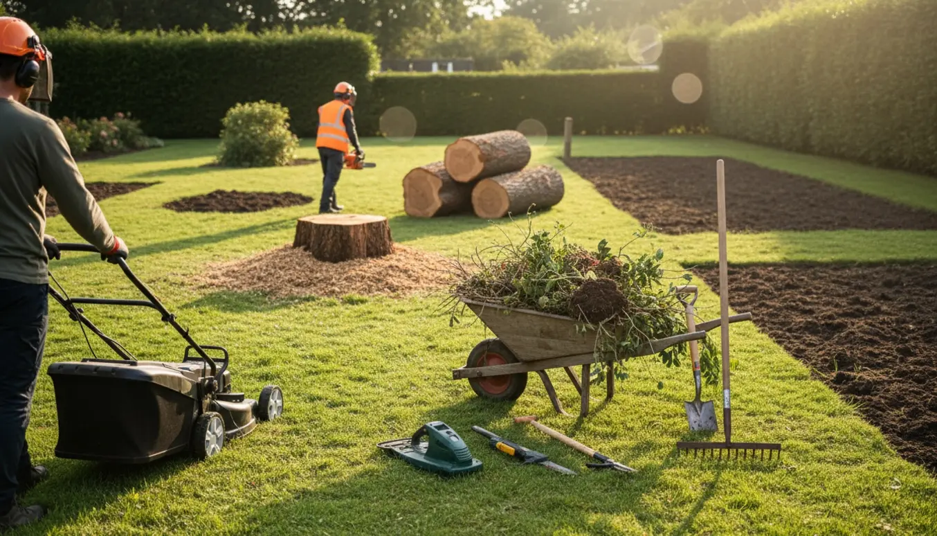 Have i vedligeholdelse med plæneklipper i forgrunden, trillebør med afklip og stabler af fældede træstammer i baggrunden.