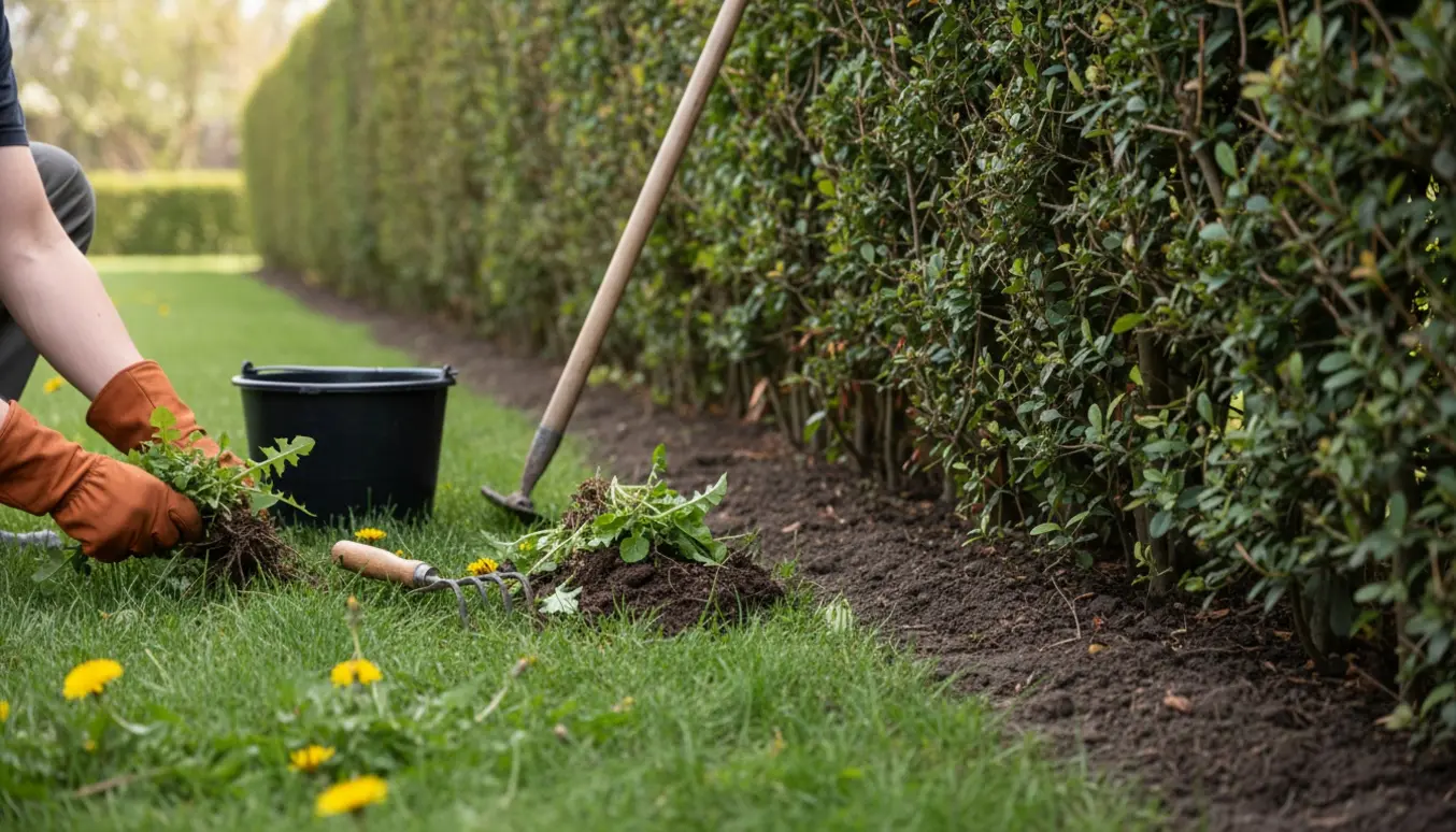 Handsker og haveværktøj fjerner ukrudt ved fod af en lang hæk, med en tydelig ryddet stribe langs hække.