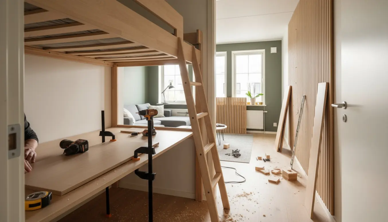 Indendørs DIY-scene med højseng og skrivebord samt delvist monteret akustiklamelvæg i en lys nordisk bolig.