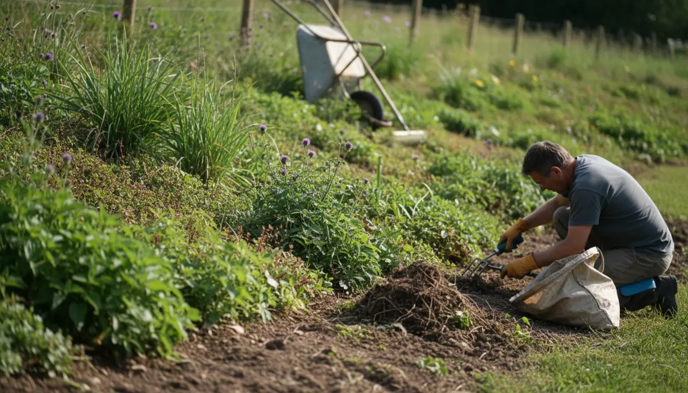 En person ses bagfra, der fjerner ukrudt fra en sollys skråning med bunddækkende planter.