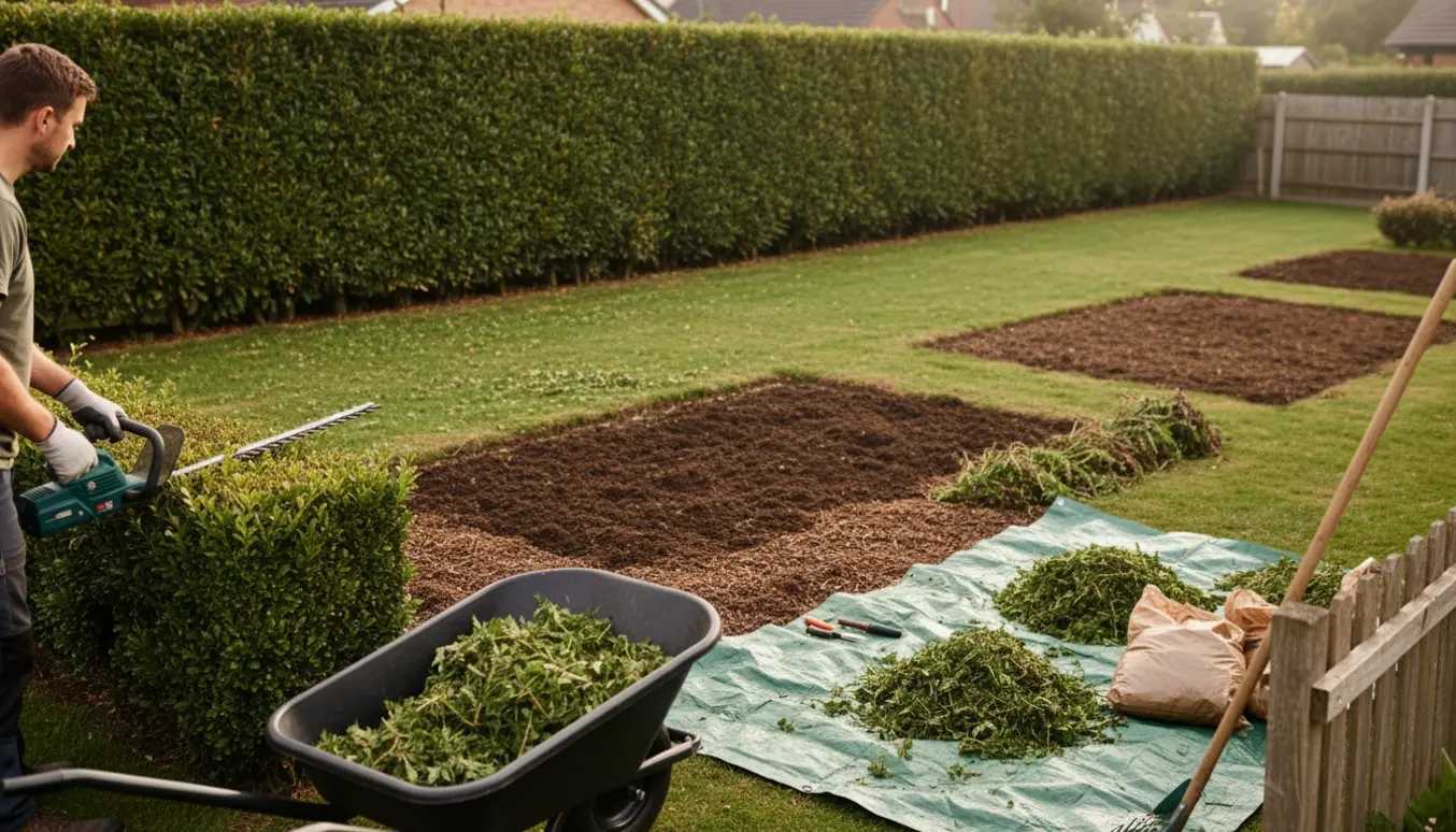 Nyklippet hæk og rene bede i en villahave med trillebør og haveredskaber.