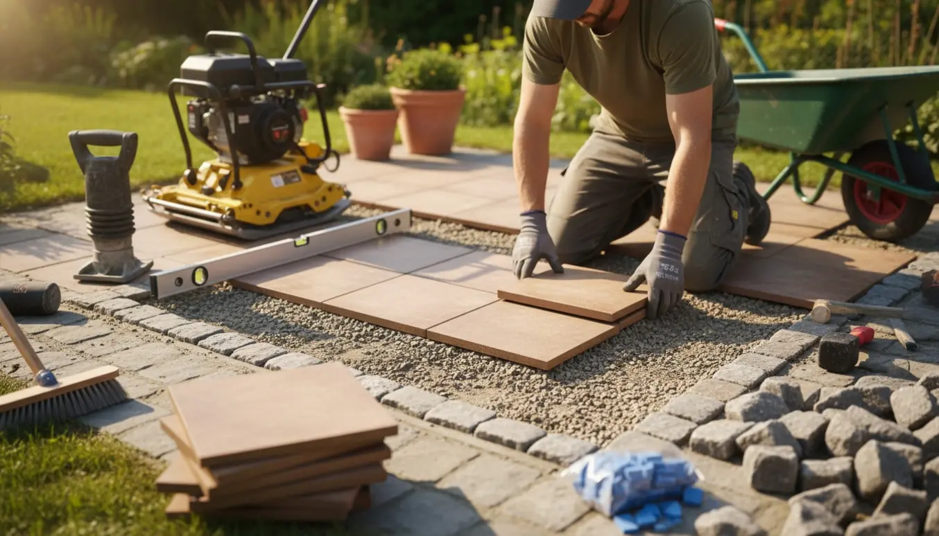 Håndværker lægger 30x30 cm terrassefliser i mønster med kopsten som kant, værktøj og grus i baggrunden.