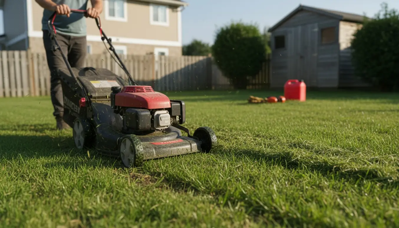 Plæneklipper i færd med at slå en mellemstor baghavegræsplæne, set bagfra uden synligt ansigt.