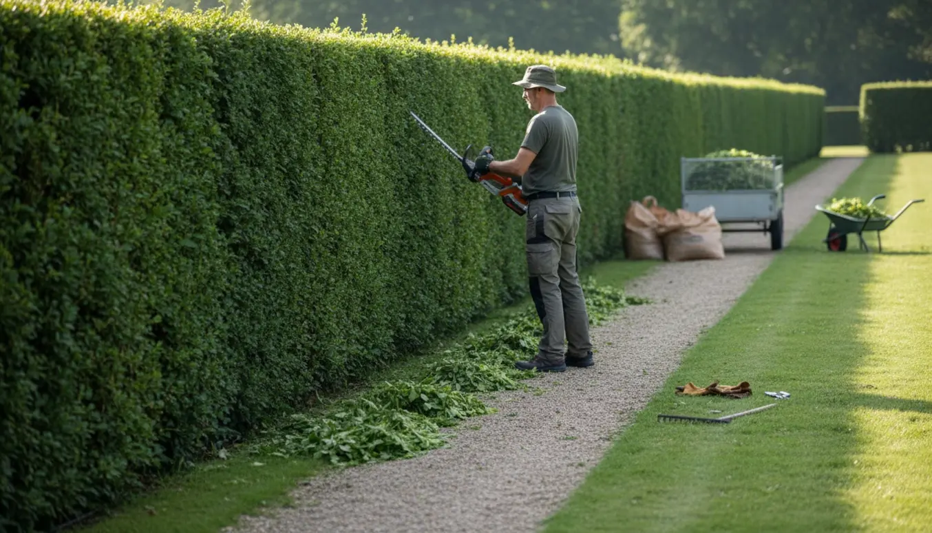 En hæk klippes langs en lang have, med afklip samlet i sække og trillebør, arbejderen set bagfra uden synligt ansigt.