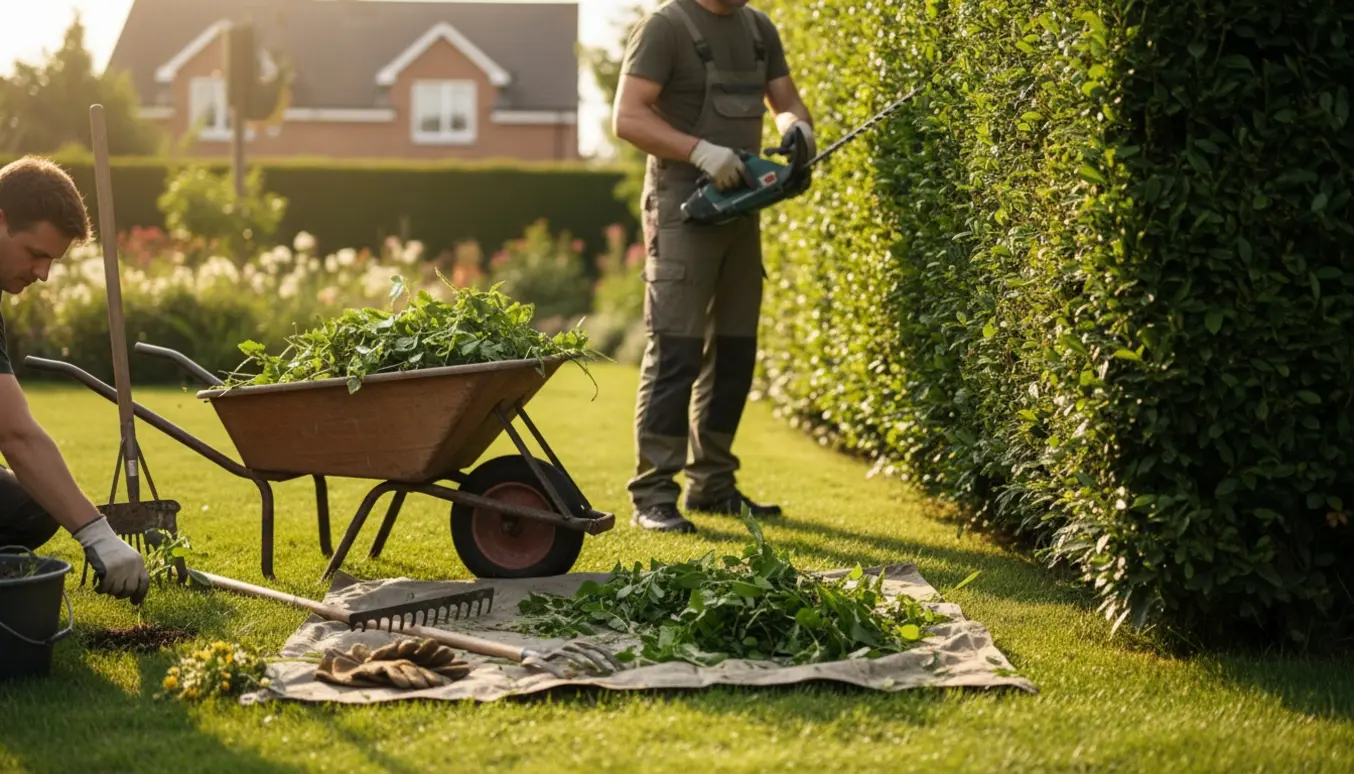 Sommerhave med hækkeklipning og ukrudtsopsamling, beskårede hække og en trillebør fuld af afklip.