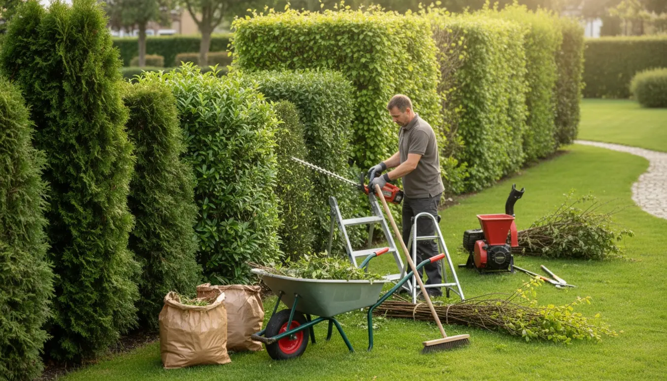 Gartner trimmer og fjerner afklip fra en blandet række hække med trimmer og trillebør.