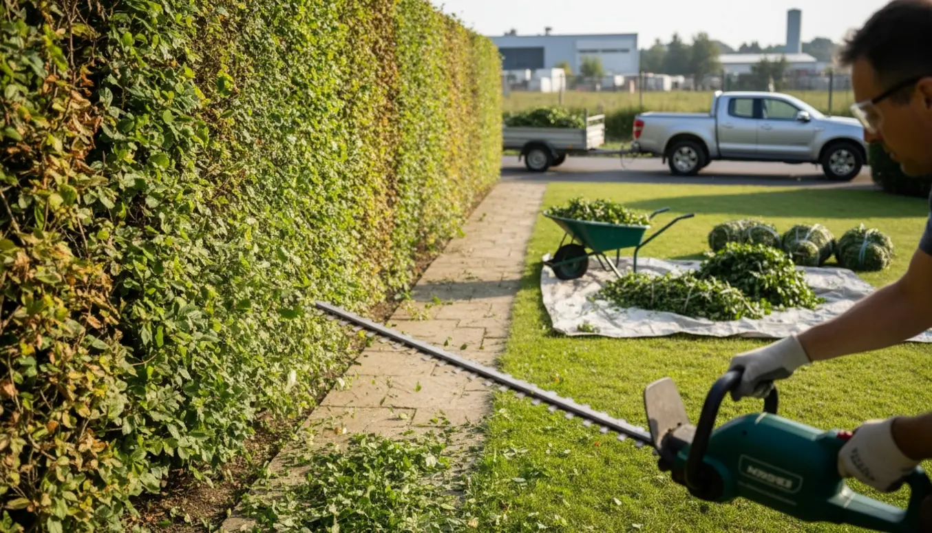 En haveejer klipper en lang bøgehæk med afklip samlet på en presenning og læsset i en trailer.