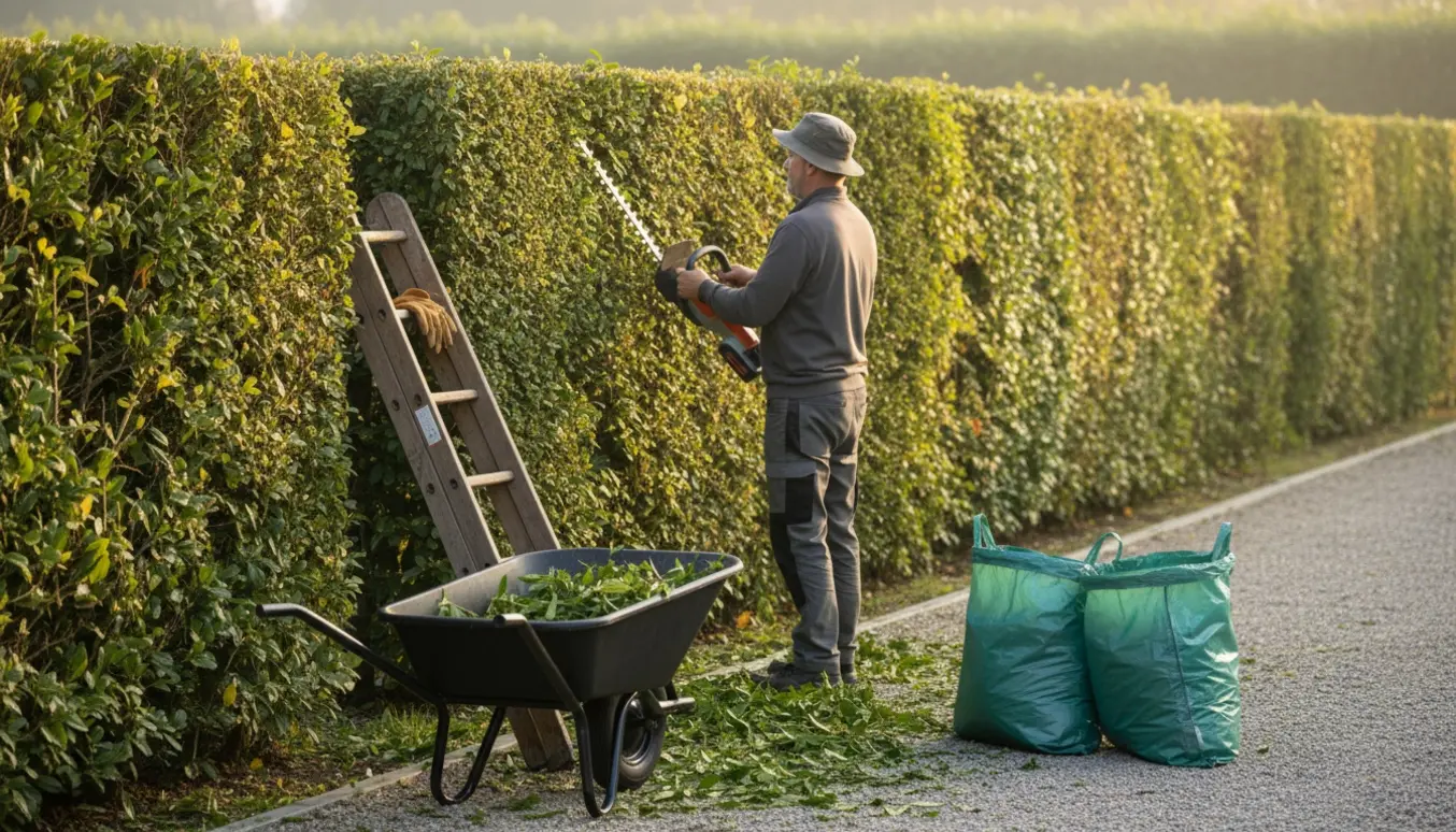 Person klipper en lang 2 m høj hæk, afklip samles i en trillebør og affaldsposer ved en nem adgangssti.