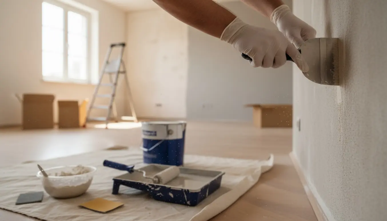 Hænder spartler huller i en væg i et lyst hjem klar til maling.