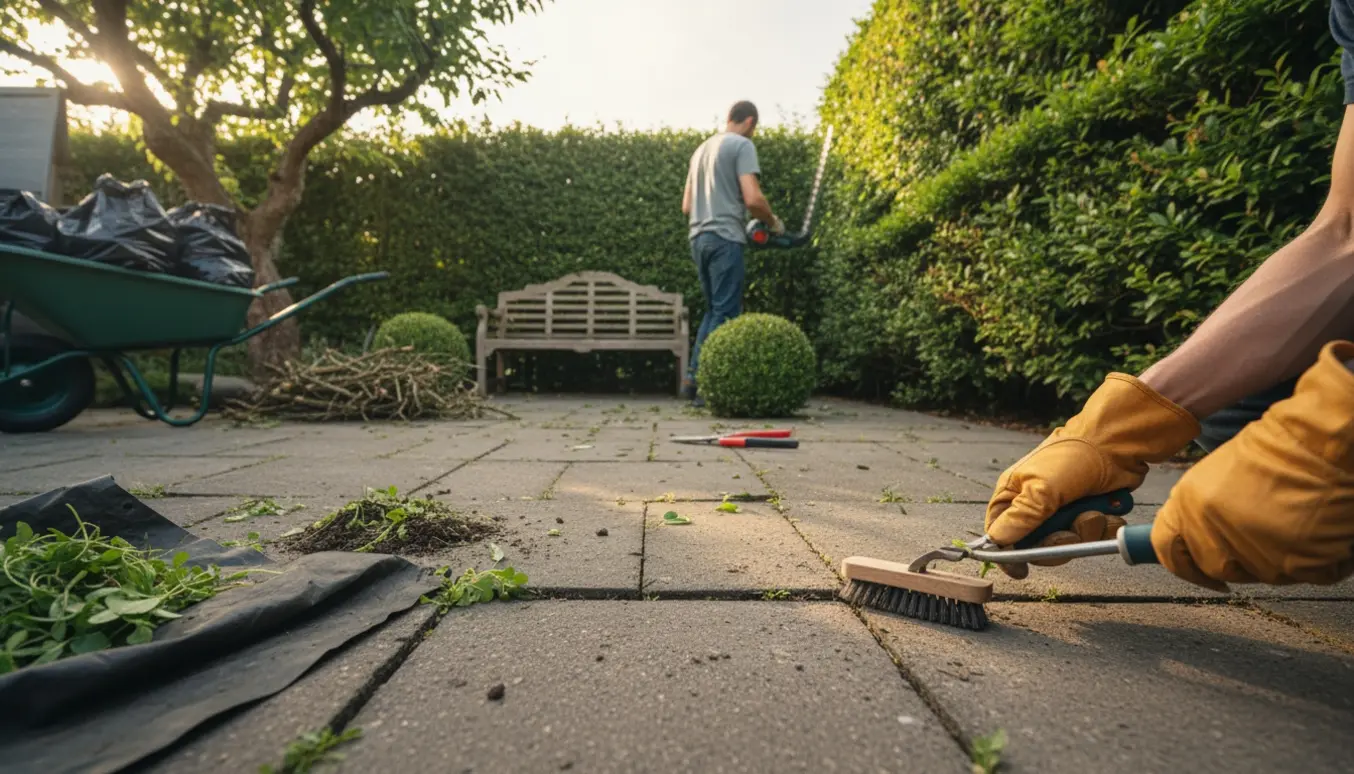Hækkeklipper og handsker fjerner ukrudt mellem fliser med beskårne buske og haveaffald i trillebør.