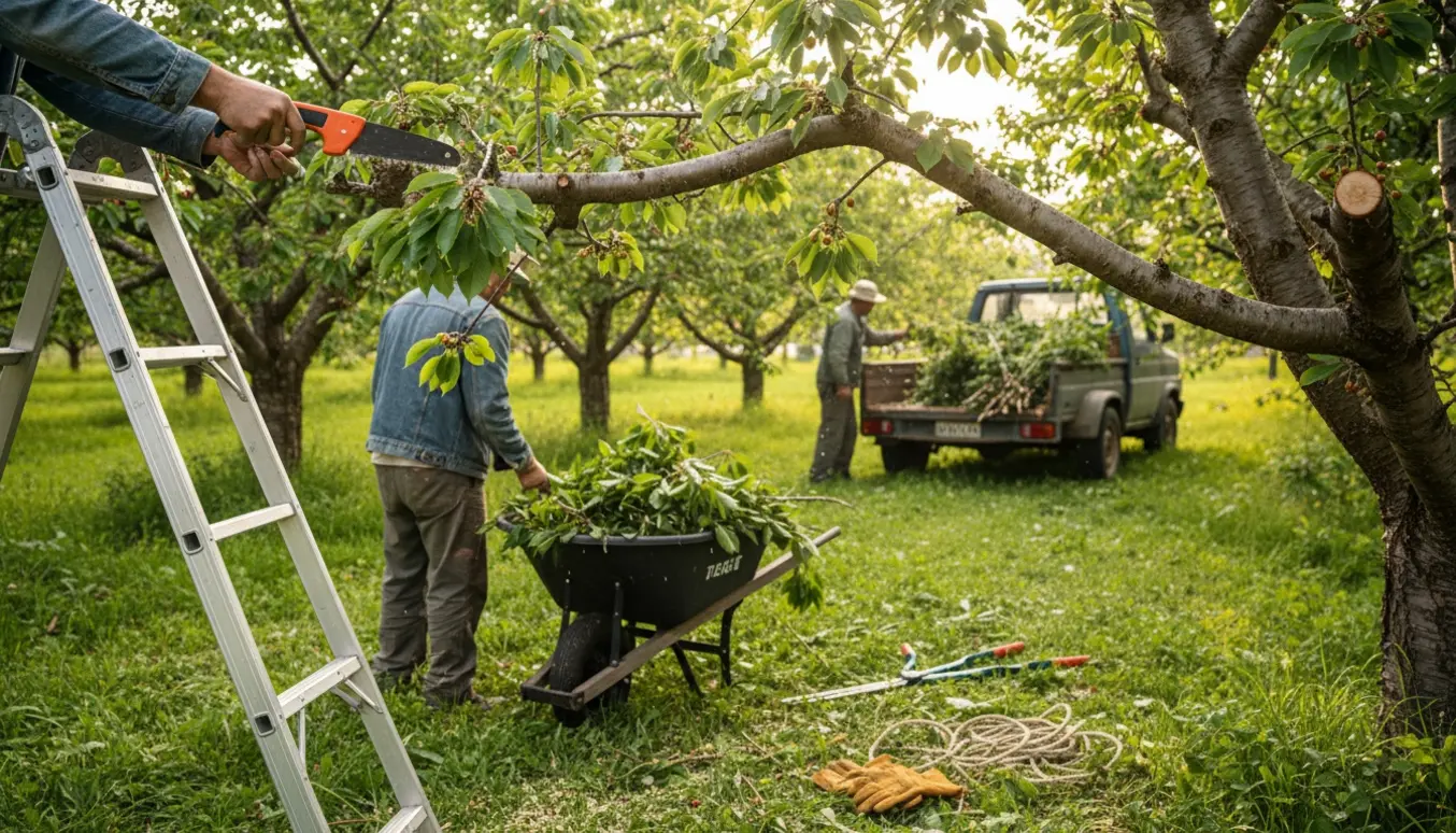 Fagfolk beskærer store kirsebærtræer og læsser afskårne grene på en trailer.