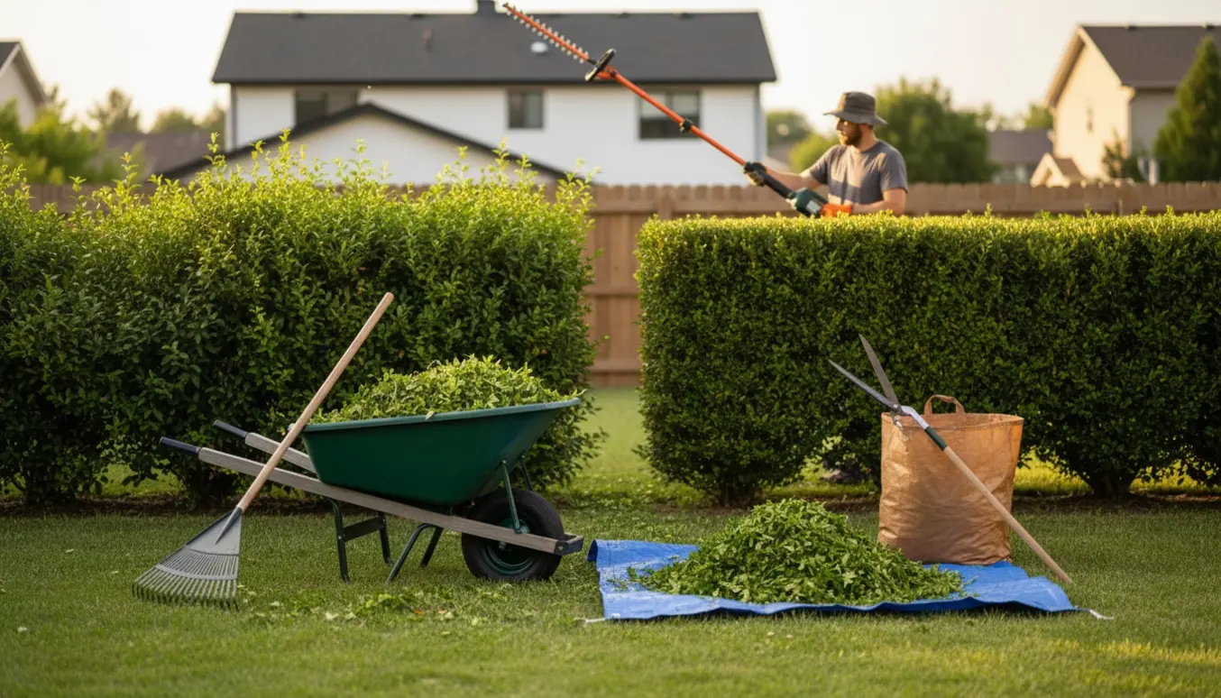 En person trimmer en hæk med afklippet samlet i en trillebør og på en presenning klar til fjernelse.
