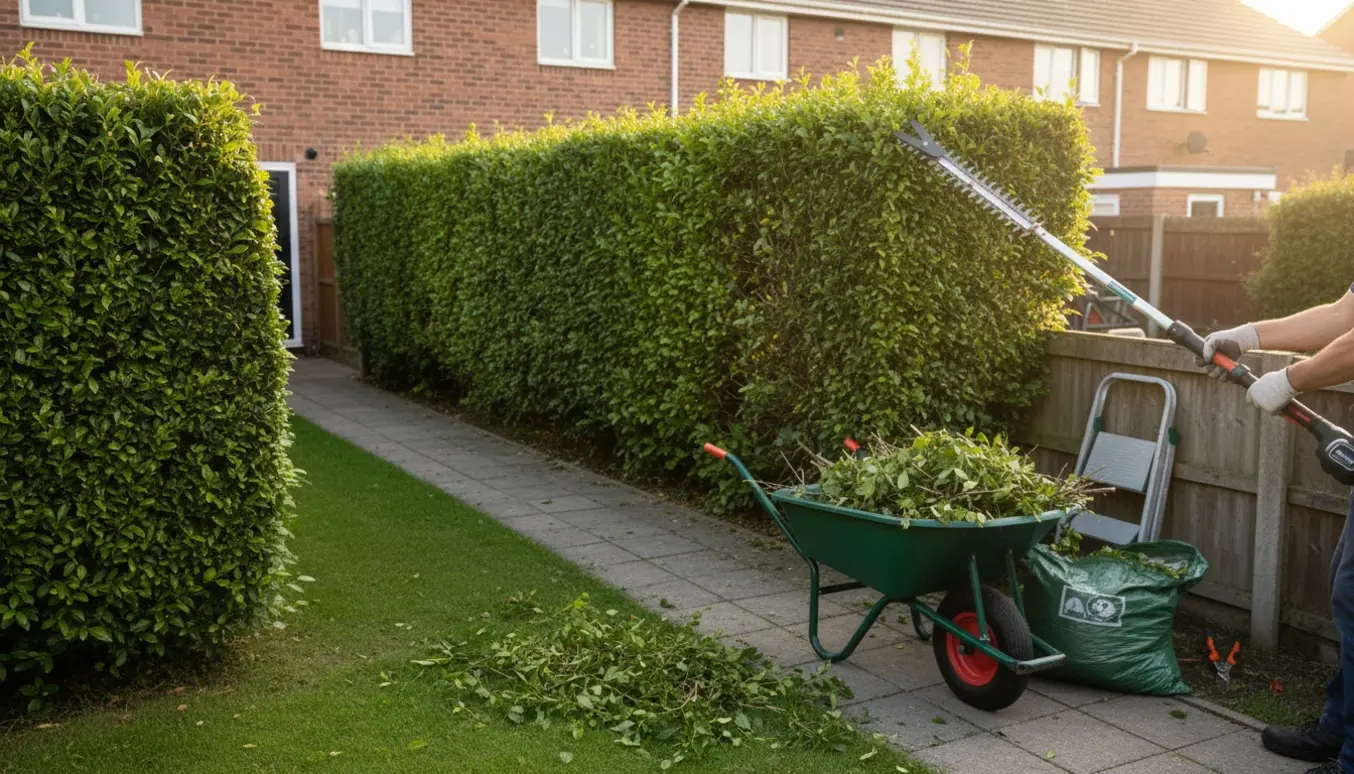 Udsnit af en rækkehushæk, hvor den ene side er nyklippet og en person uden synligt ansigt bruger en batterihækkeklipper ved siden af en trillebør med afklip.