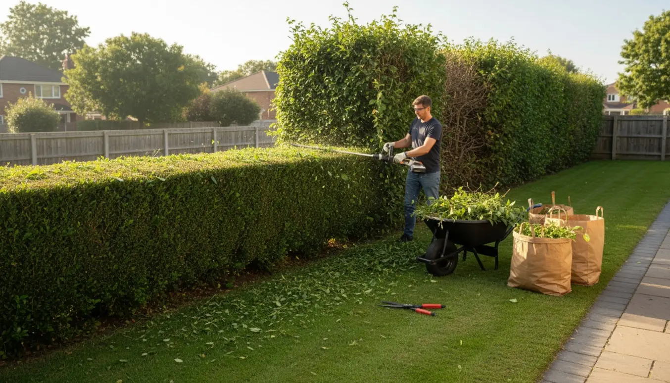 Lang hæk klippes udefra og langs toppen, afklip samles i en trillebør.