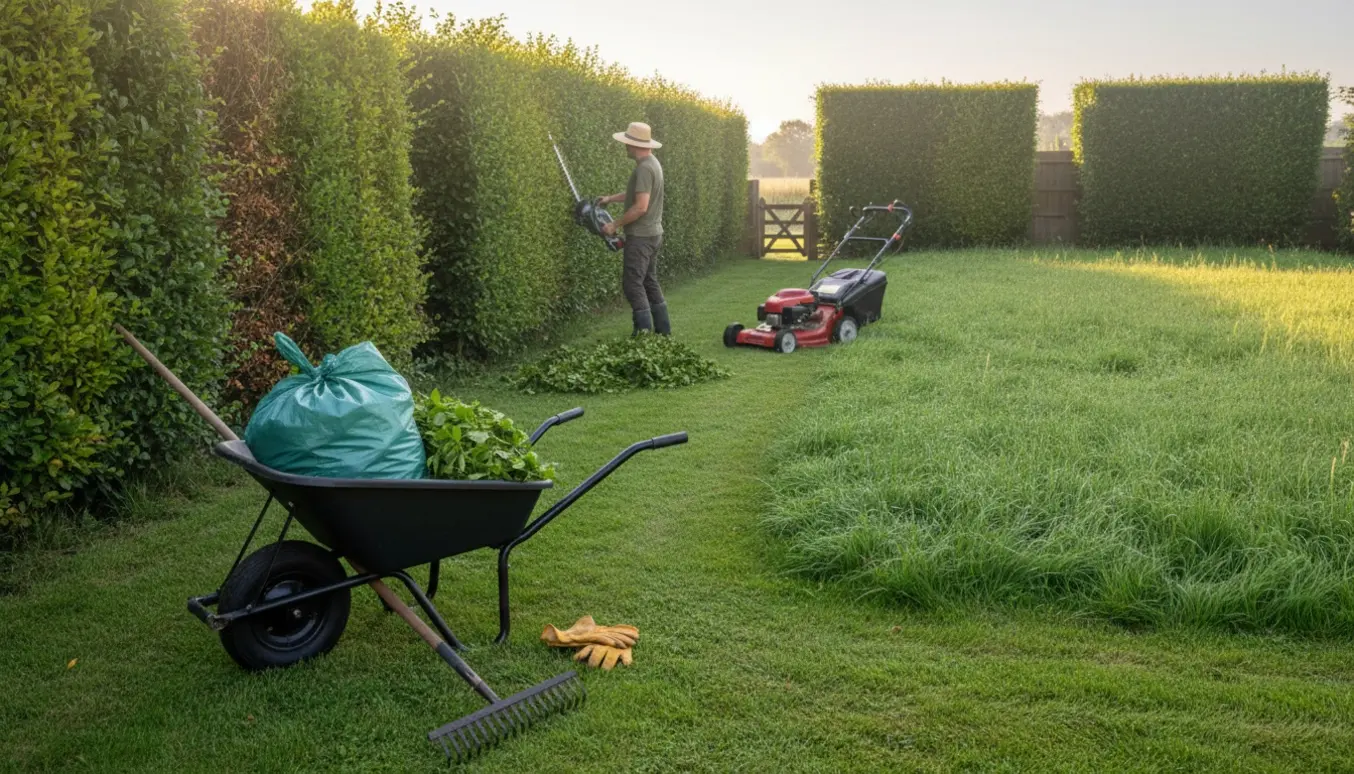 Havemand set bagfra klipper bøgehæk og slår højt græs med værktøj og friske afklip i en solrig villahave.