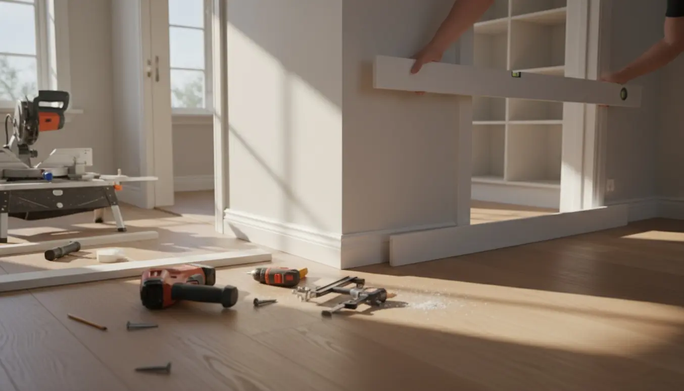 Delvist renoveret værelse i Mårslet med nye hvide fodlister og gerikter og værktøj på gulvet.