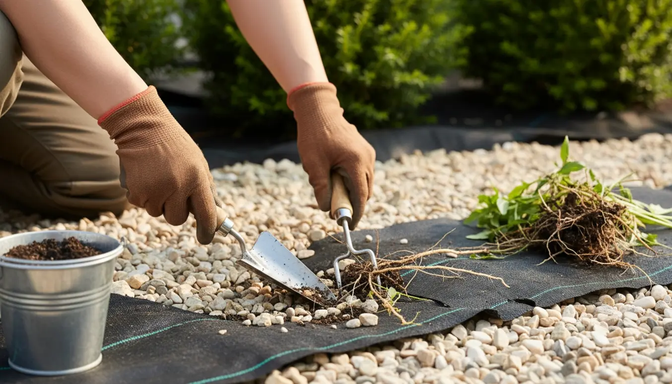 Handskerede hænder fjerner ukrudt mellem dekorative sten på en forhave med ukrudtsdug.