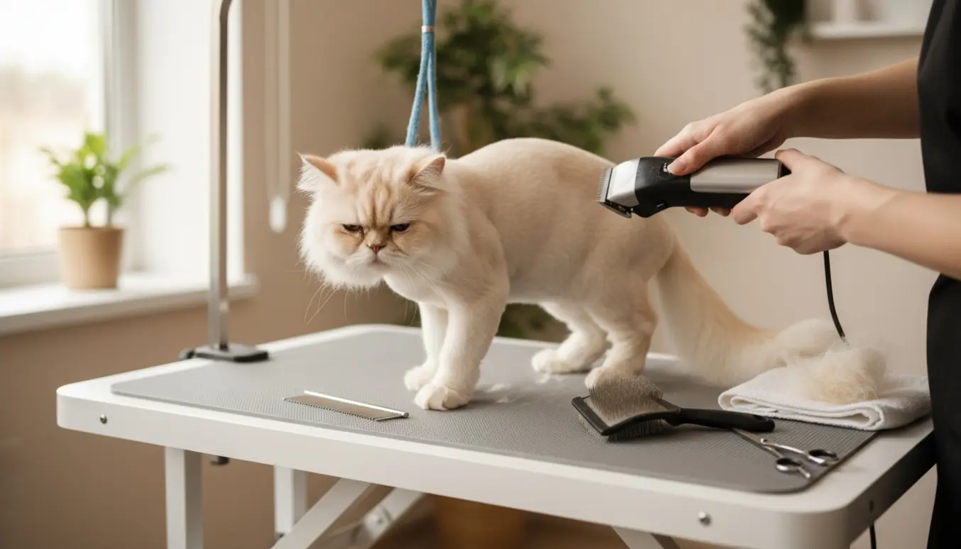 Rolig perserkat bliver trimmet med hundeklipper på et trimbord, kroppen kortklippet mens halen forbliver fyldig.