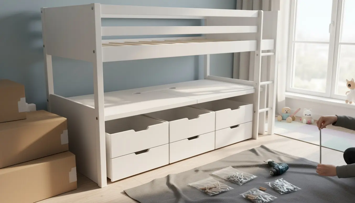 Delvist samlet hvid højseng med skrivebord og fire skuffer i et lyst børneværelse, værktøj og dele lagt frem.