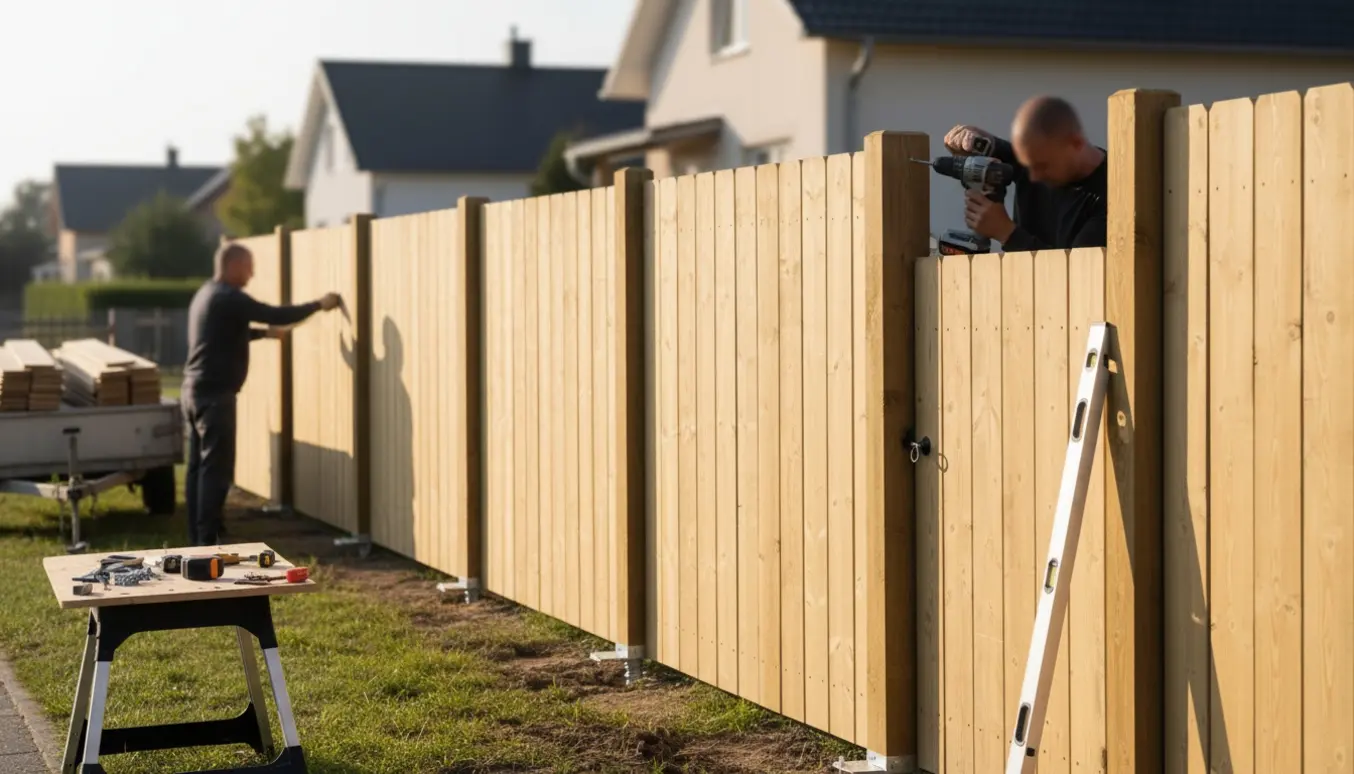 Opsætning af et 1,8 m højt træhegn foran huset med brædder, skruede fundamenter og håndværktøj.