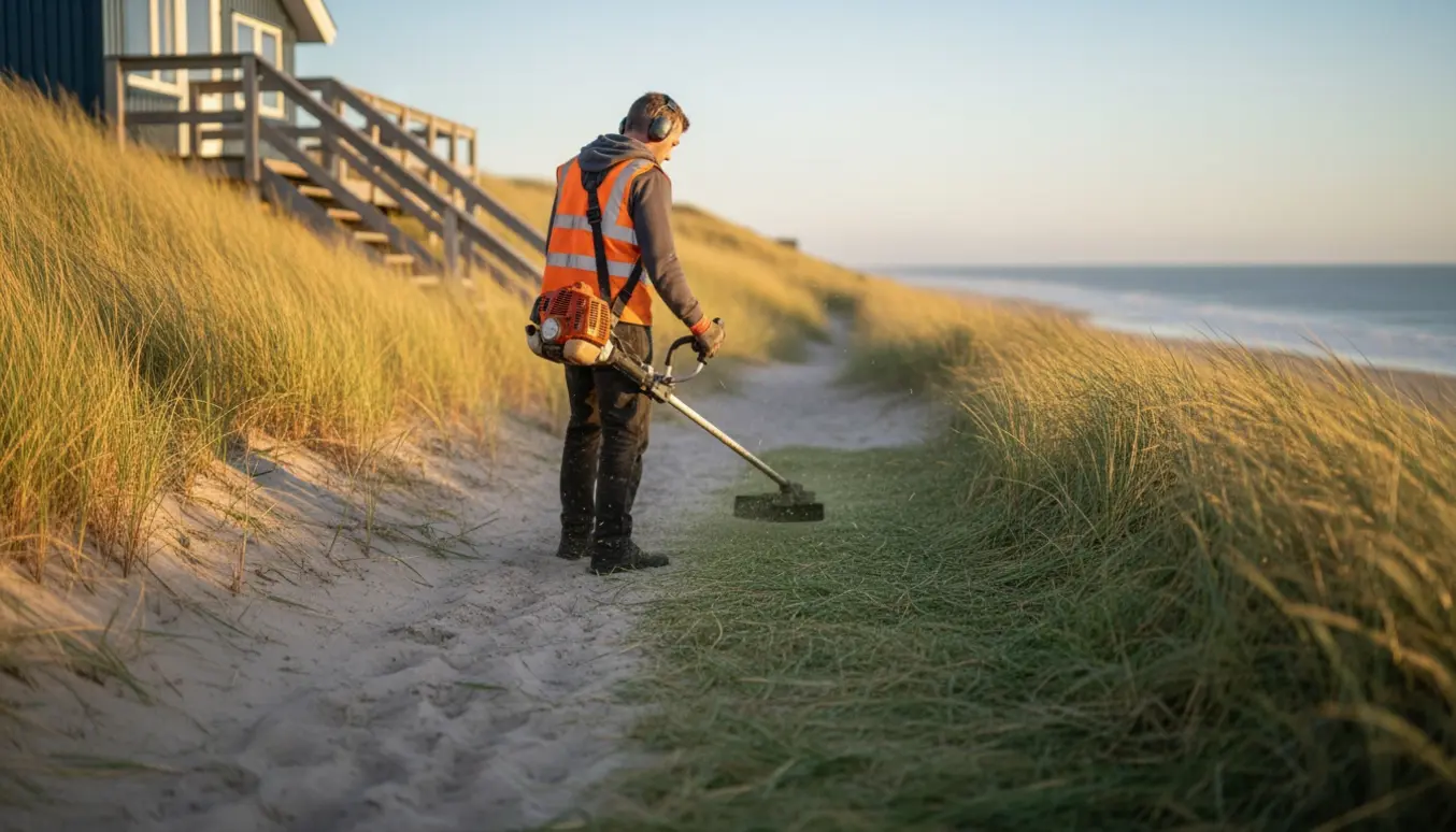 Buskrydder trimmer marehalm på en klitskråning langs adgangsvej og trapper til et hus.