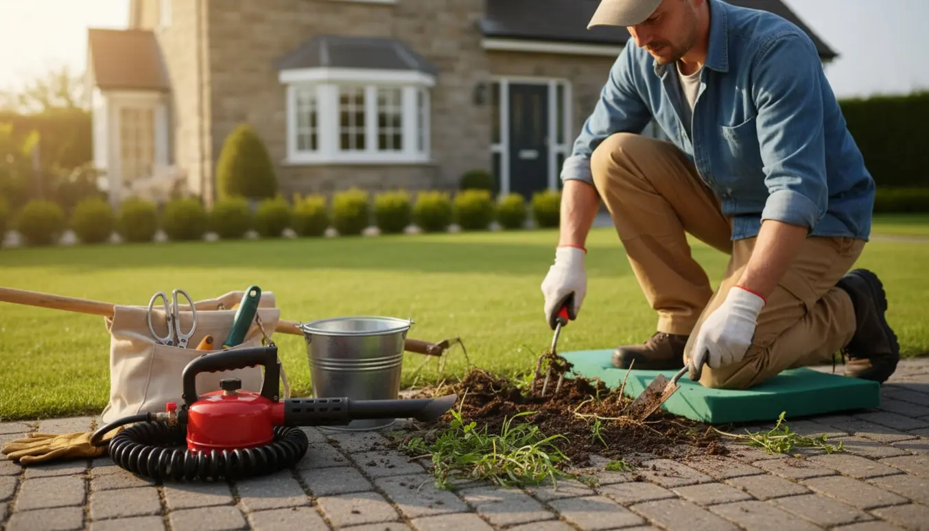 Nærbillede af hænder i handsker, der luger ukrudt ved husets kant med haveredskaber og en bærbar brænder ved siden af.