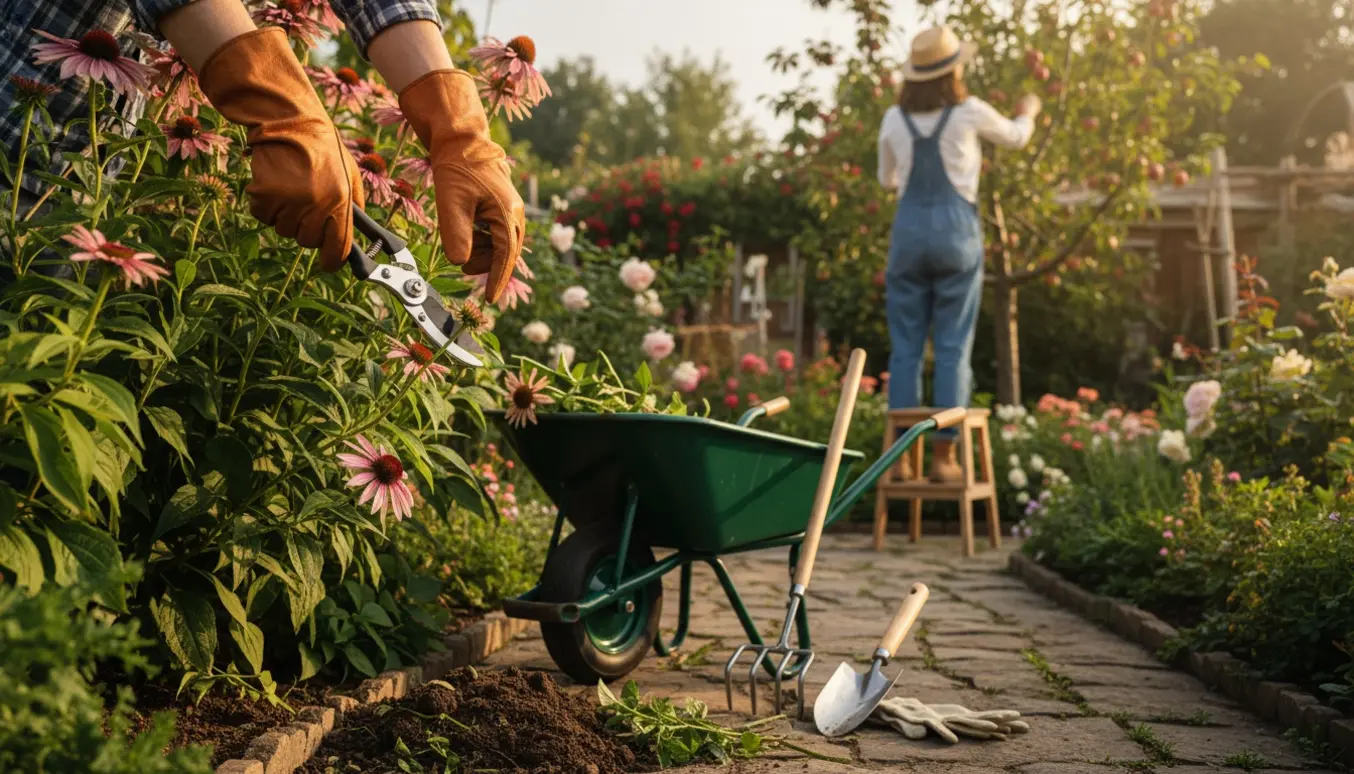 Haveredskaber og handsker mens der beskæres stauder og fjernes ukrudt i en baghave.