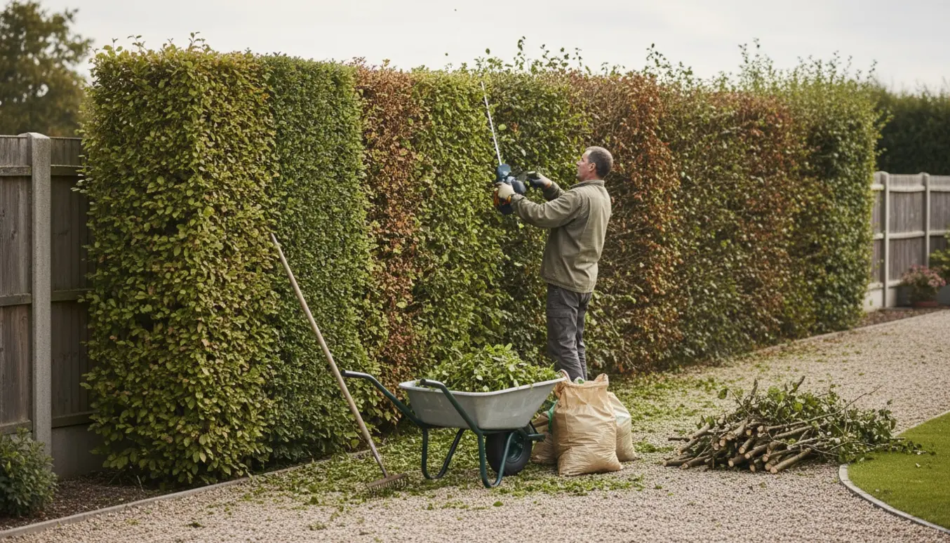 Lang bøgehæk delvis nyklippet, set bagfra med en person, trillebør og opsamlet afklip.