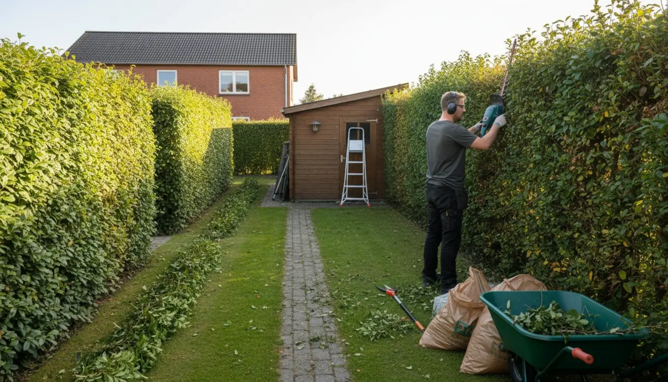 Bagvendt havearbejder trimmer en høj tjørnehæk og en spireahæk ved et skur tæt på, med værktøj og afklip samlet i en trillebør.