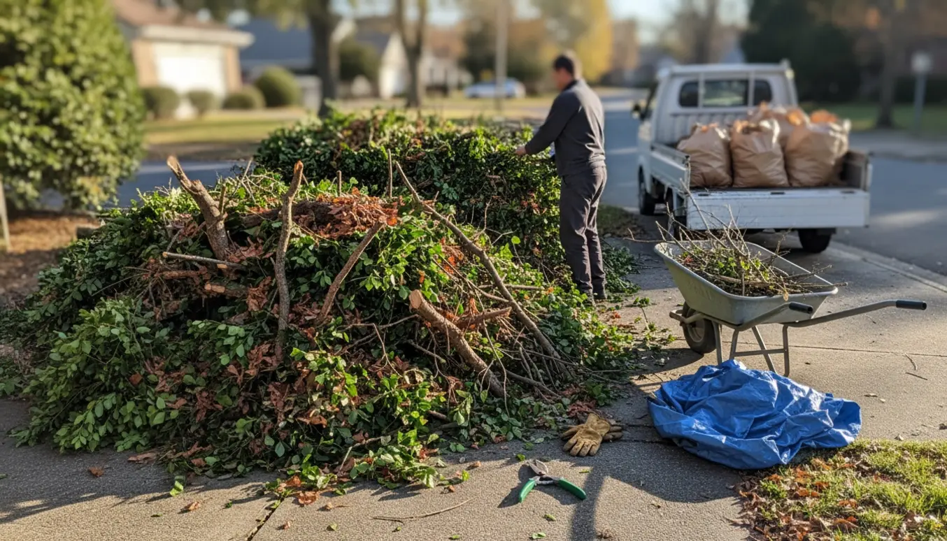 Lang lav bunke haveaffald med bøgehæk, buskegrene og blade ved indkørslen, med værktøj og en trailer i baggrunden.