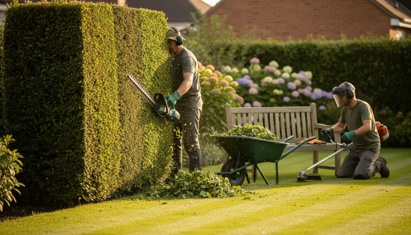 To personer trimmer hæk og ordner kanterne af græsplænen i en solbeskinnet have.