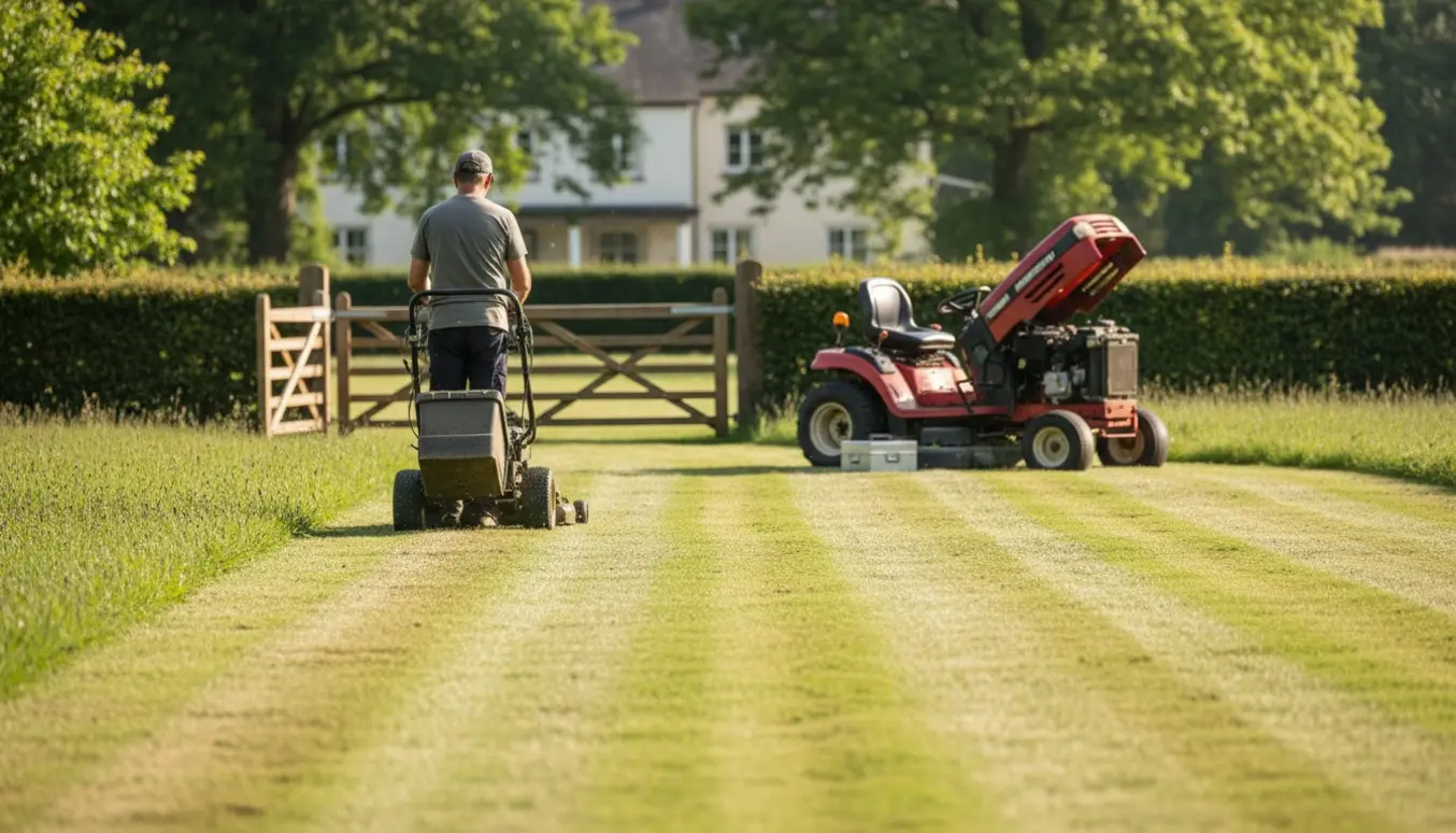 Professionel græsslåning på en stor, jævn plæne med åben trælåge og parkeret havetraktor i baggrunden.