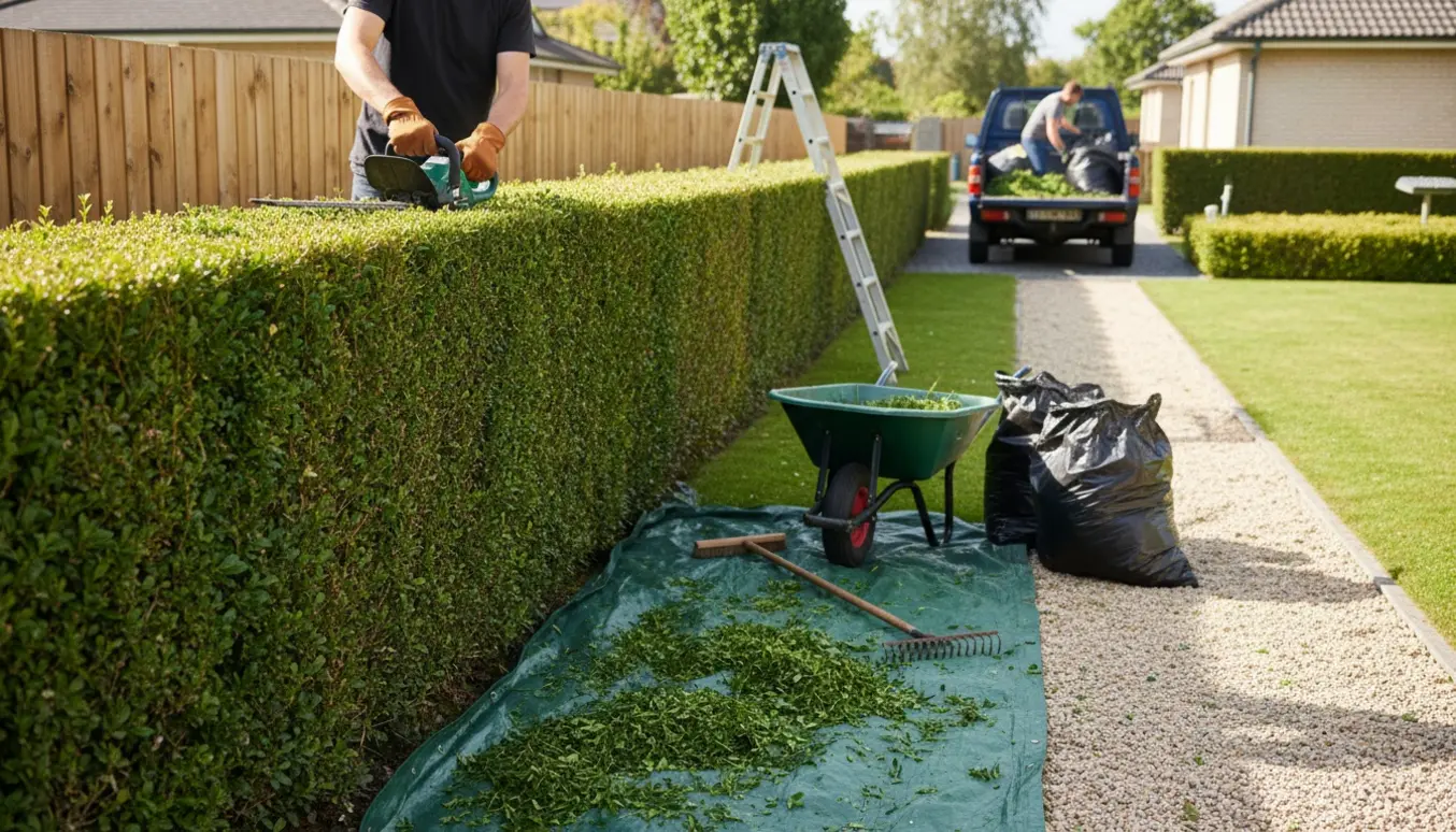Gartner klipper en cirka 17 meter lang enkeltsidet hæk med afklip samlet i trillebør og haveposer.