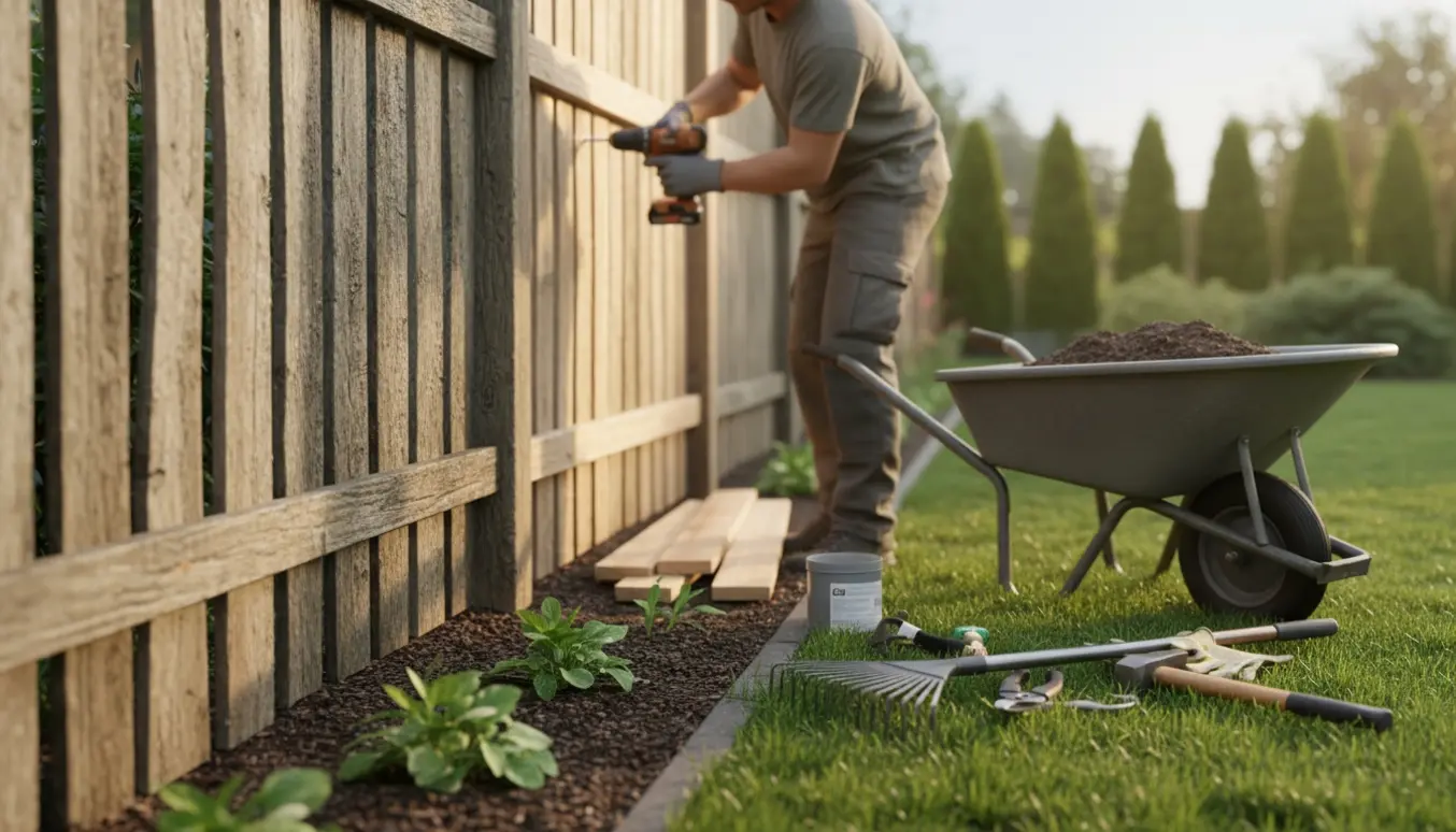En person reparerer et træhegn i en solrig baghave omgivet af haveredskaber og planter.