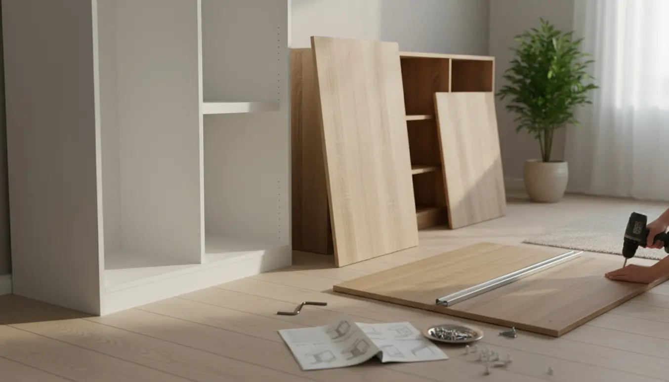 Delvist samlet PAX-garderobe og et halvt JYSK-skab med værktøj og manualer i et lyst værelse.