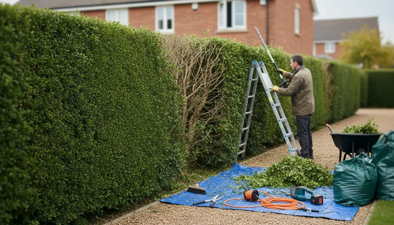 Privet-hæk ved hus, hvor indersiden og toppen klippes og friske klippeaffald samles på tarp og i trillebør.