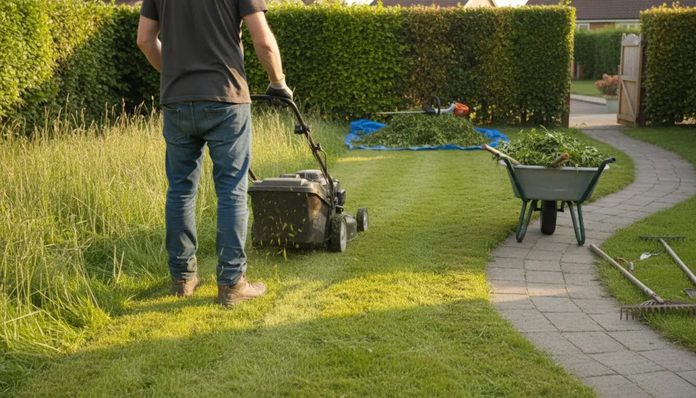 Delvist nyslået overgroet græsplæne med en græsslåmaskine og en nyskåret hæk i baggrunden.