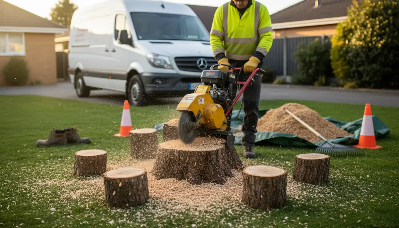 En fræser fjerner en ca. 35 cm stump i en have med fire små stubbe og en ubrandet varevogn tæt ved.